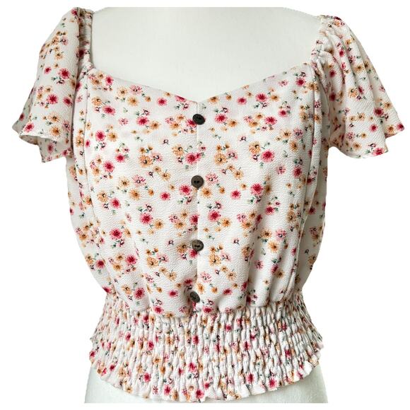 Monteau Tops - Monteau XL Floral Crop Top Puff Sleeve Smocked Waist Blouse Y2K Cottagecore